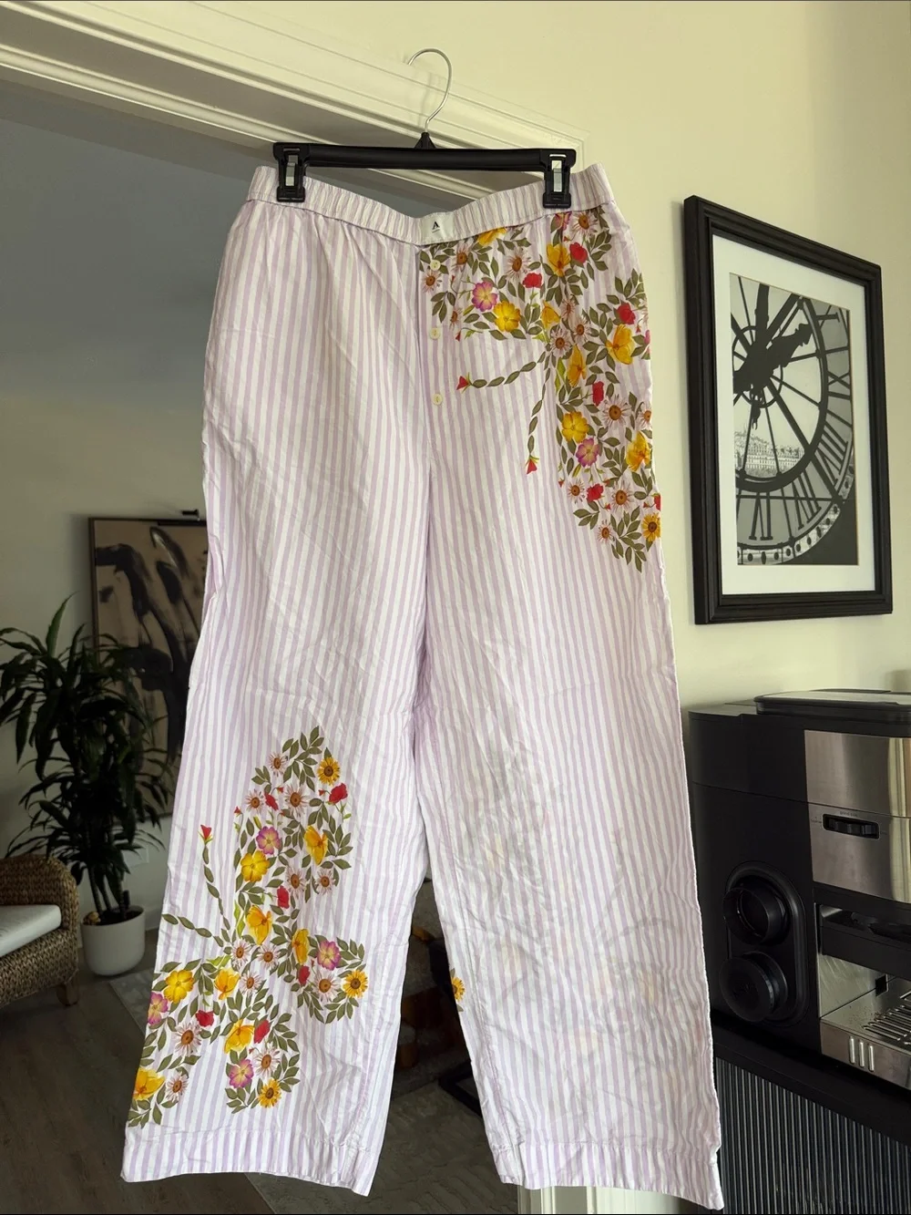 Anthropologie Floral Embroidered Pink Stripe Wide-Leg Pants. 100% cotton!